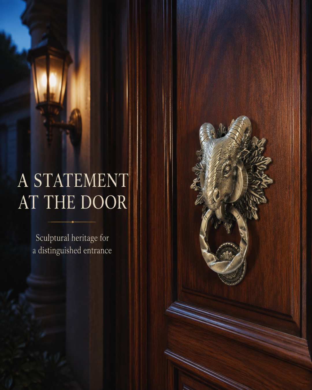 An ornate antique-style brass door knocker shaped like a ram's head mounted on a dark wood door, with a lit wall sconce and the text 'A STATEMENT AT THE DOOR' on the left.