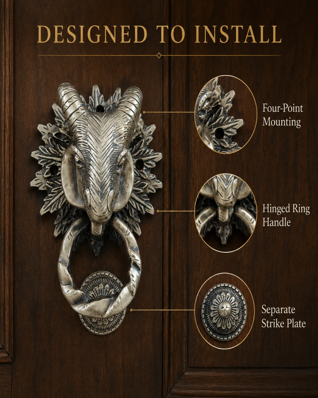 An ornate ram head door knocker in a distressed silver finish mounted on a dark wood door, with callout circles and text explaining features: four-point mounting, hinged ring handle, and separate strike plate.