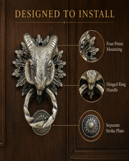 An ornate ram head door knocker in a distressed silver finish mounted on a dark wood door, with callout circles and text explaining features: four-point mounting, hinged ring handle, and separate strike plate.