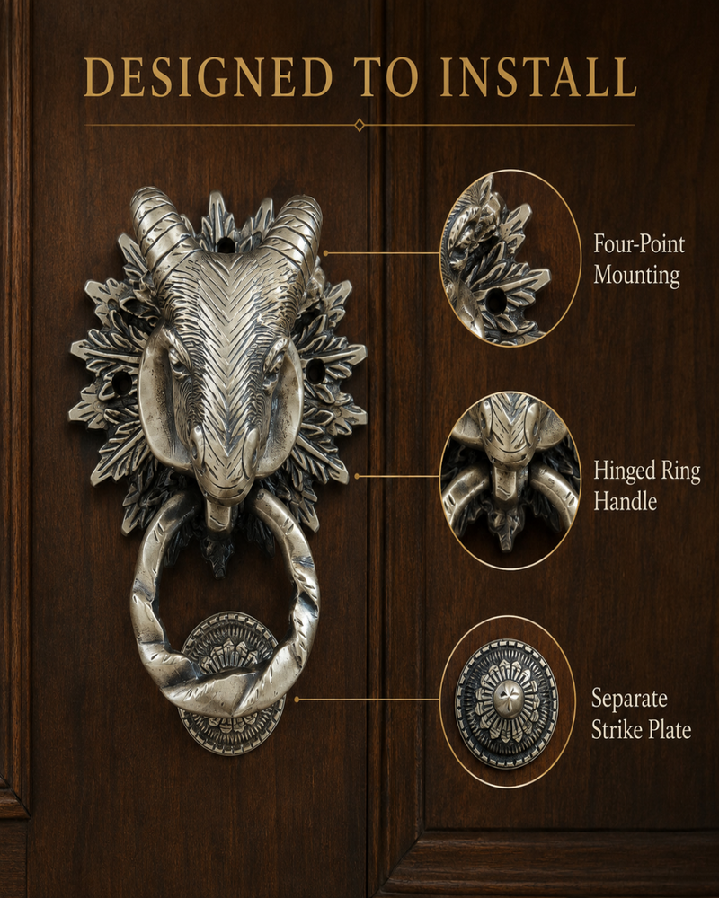 Regal Heritage Ram Head Door Knocker – Antique Brass Finish | The Indian Aura