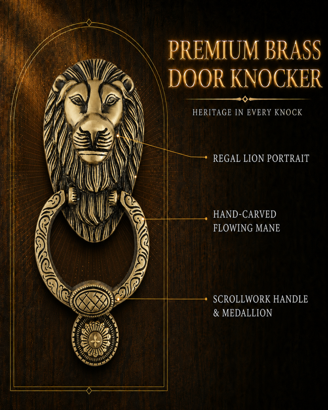 A brass lion head door knocker with an ornate ring and medallion, shown mounted on a dark wood background with callout text describing its features.