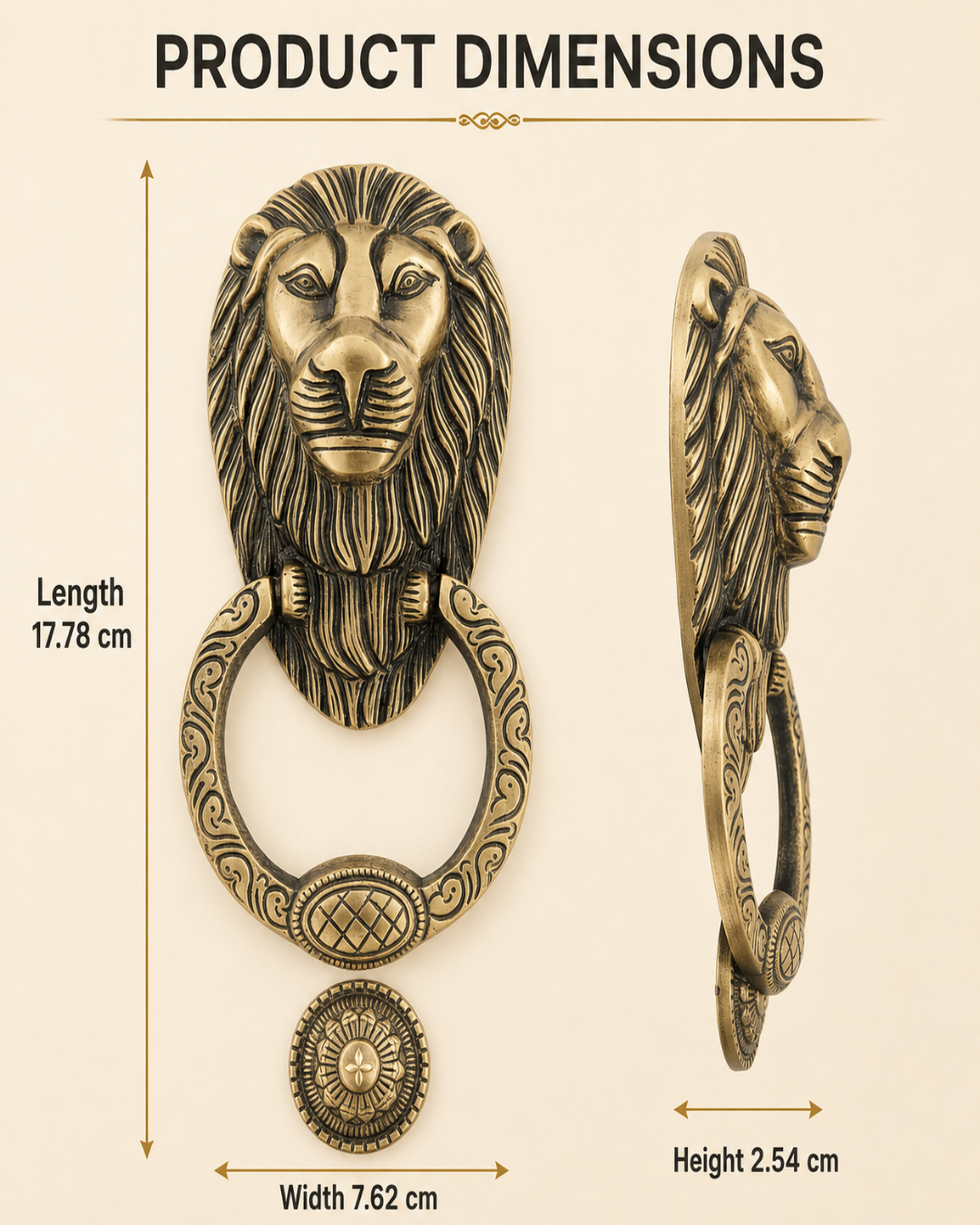 Product dimensions diagram for a lion head door knocker in an antique bronze finish, showing front and side views with measurements labeled in centimeters on a beige background.