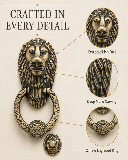 Bronze lion head door knocker with an ornate ring, shown on a beige background with feature callouts including 'Sculpted Lion Face,' 'Deep Mane Carving,' and 'Ornate Engraved Ring.'.