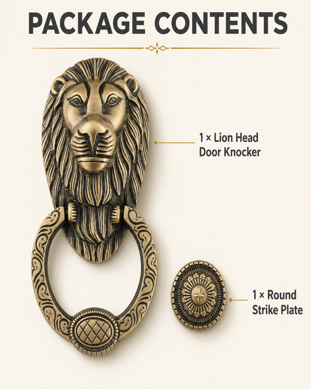 Package contents graphic showing a decorative lion head door knocker and a round strike plate on a light beige background, with text labels identifying the items.