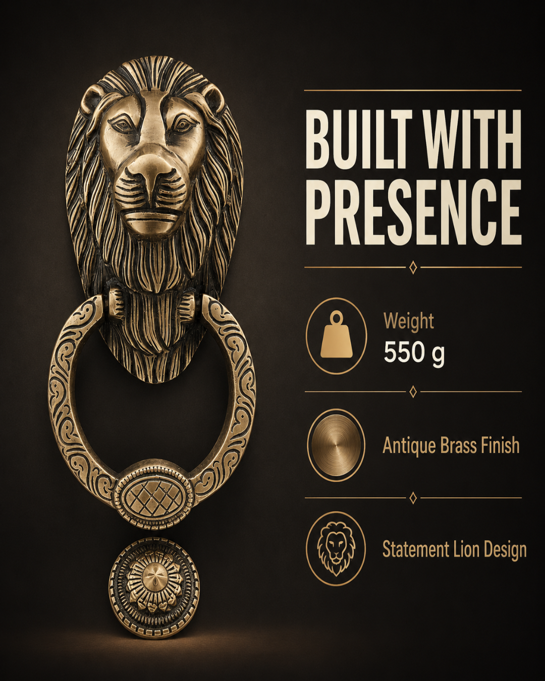 An ornate brass lion head door knocker with a circular ring and decorative medallion, shown on a dark brown background with marketing text reading 'BUILT WITH PRESENCE' and feature callouts including weight 550 g and antique brass finish.