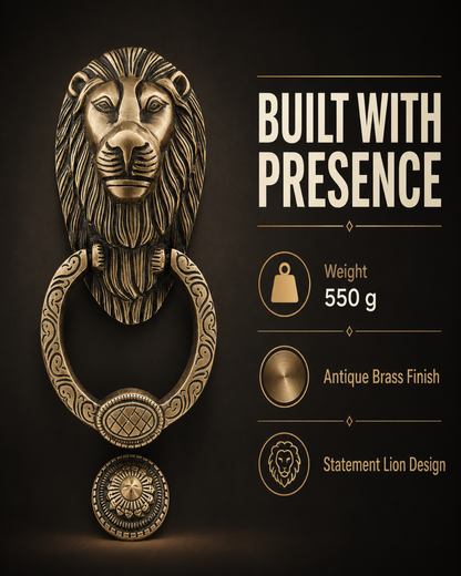 An ornate brass lion head door knocker with a circular ring and decorative medallion, shown on a dark brown background with marketing text reading 'BUILT WITH PRESENCE' and feature callouts including weight 550 g and antique brass finish.