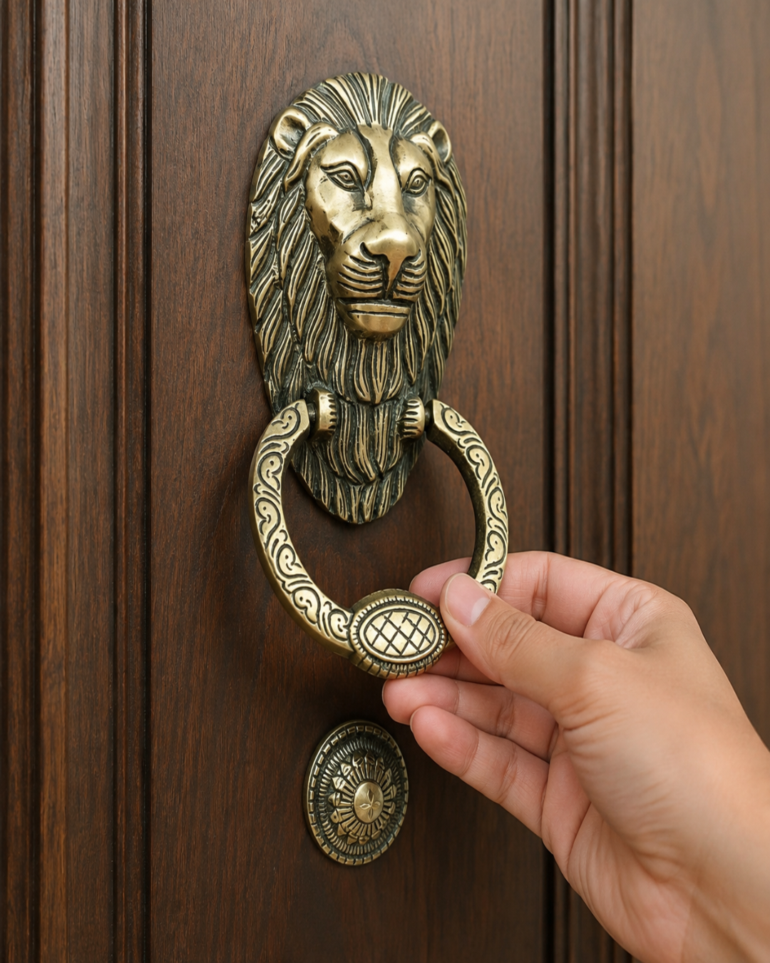 A hand holding a brass door knocker with a lion head face and decorative ring, mounted on a dark brown wooden door.