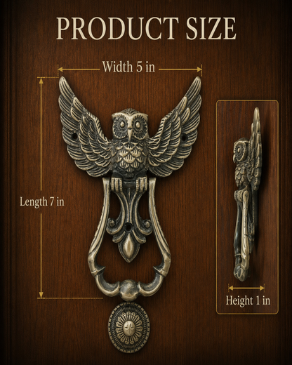 Owl-shaped metal door knocker with overlaid size labels showing width 5 in, length 7 in, and height 1 in on a dark wood background.