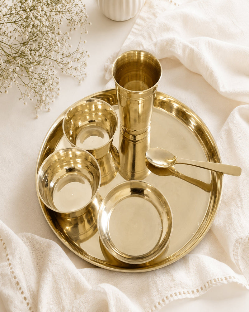 Pure Kansa Dinner Set – Traditional Bronze Thali 12 inch Set with Plate, Glass, Bowls & Spoon | 80% Copper & 20% Tin Alloy | Ayurvedic Dining Collection