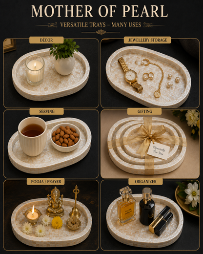 Six-panel product collage showing a round and oval mother-of-pearl tray in multiple use cases: decor with a candle and plant, jewellery storage with a watch and earrings, serving with tea and nuts, gifting wrapped in ribbon, pooja/prayer with candles and brass decor, and an organizer with perfume and lipstick. Large text at top reads 'MOTHER OF PEARL' with smaller 'VERSATILE TRAYS - MANY USES'.
