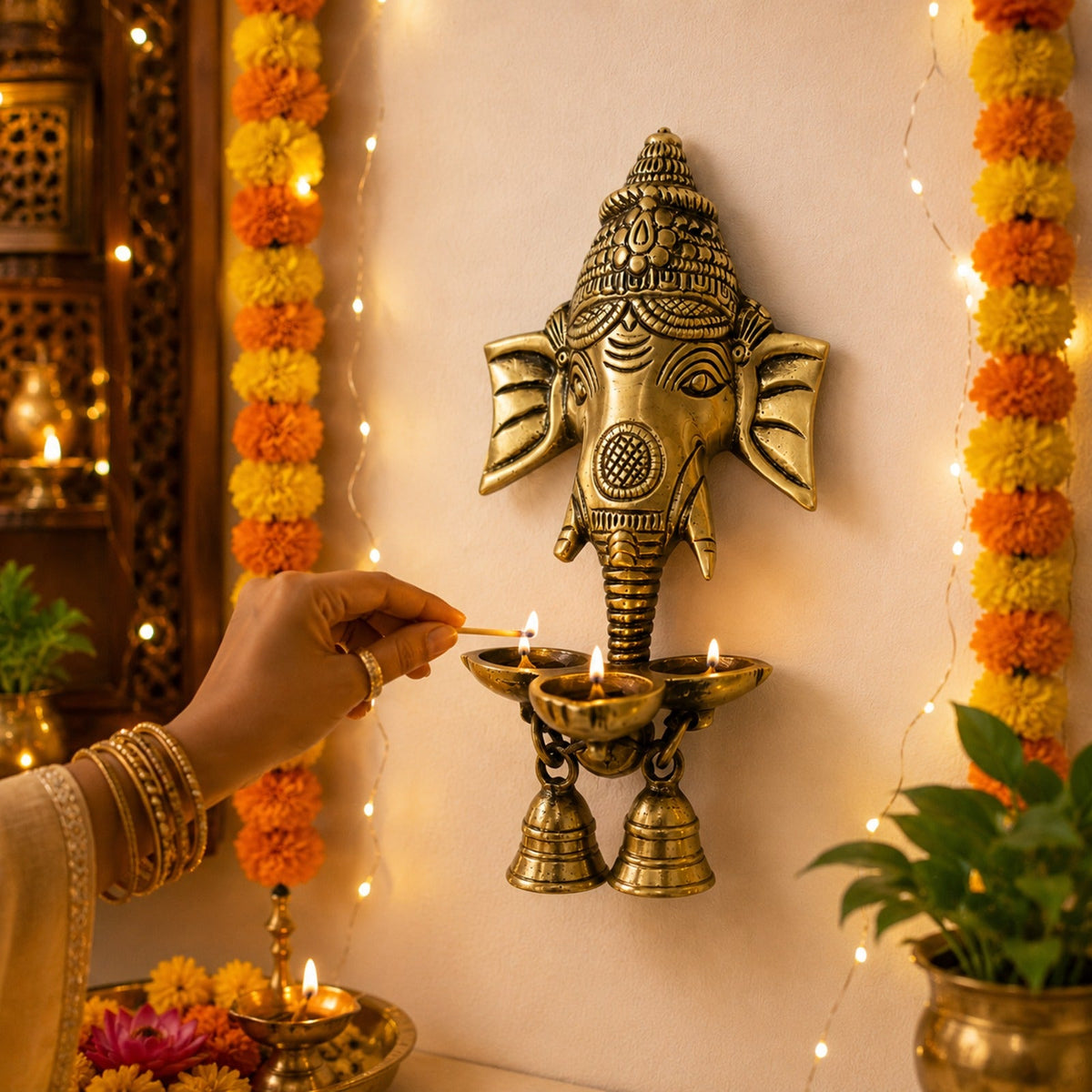 Brass Ganesha Wall Hanging Diya with Bells – Antique Finish Pure Brass Decorative Oil Lamp for Home & Temple