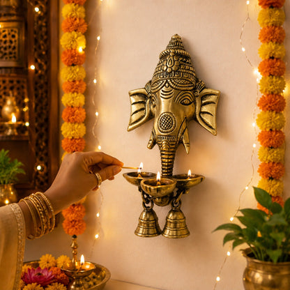 Brass Ganesha Wall Hanging Diya with Bells – Antique Finish Pure Brass Decorative Oil Lamp for Home & Temple