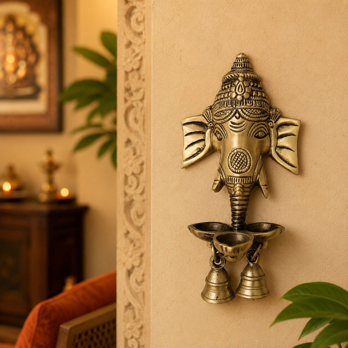 Brass Ganesha Wall Hanging Diya with Bells – Antique Finish Pure Brass Decorative Oil Lamp for Home & Temple