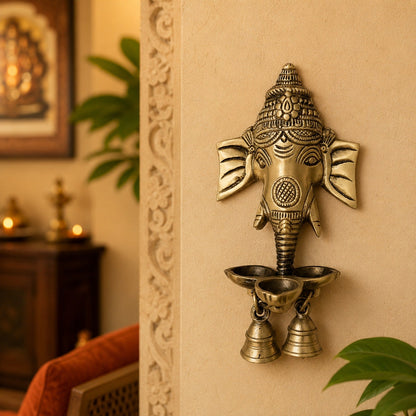 Brass Ganesha Wall Hanging Diya with Bells – Antique Finish Pure Brass Decorative Oil Lamp for Home & Temple