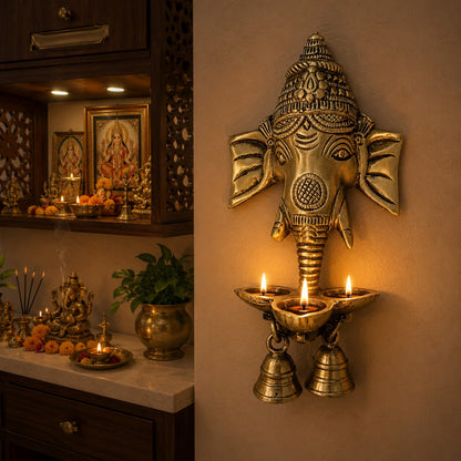 Brass Ganesha Wall Hanging Diya with Bells – Antique Finish Pure Brass Decorative Oil Lamp for Home & Temple