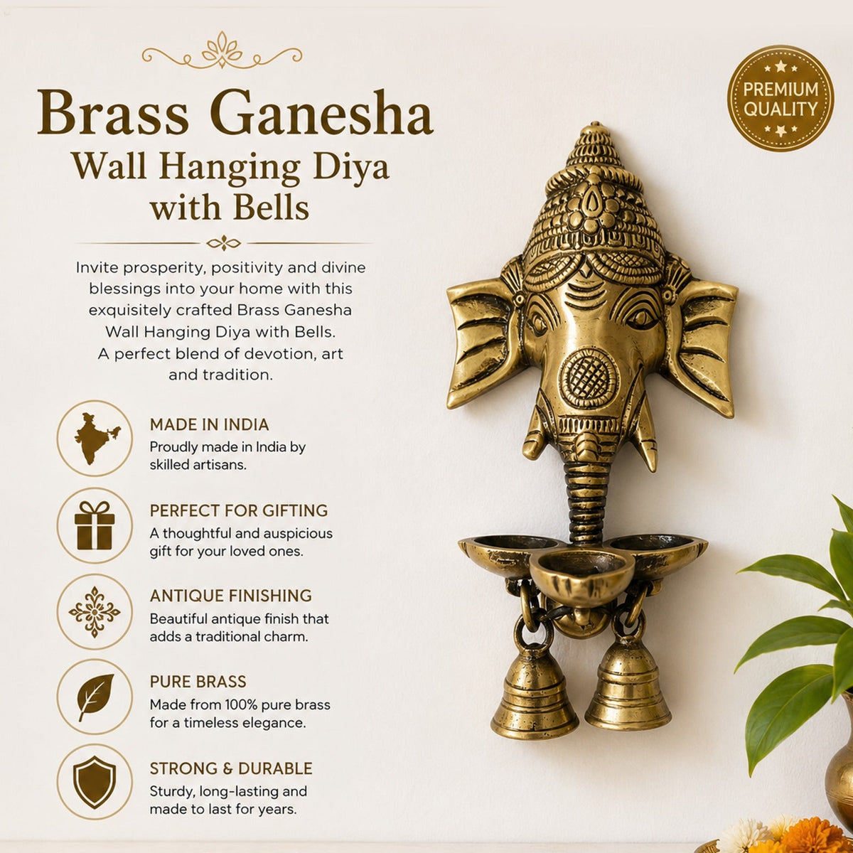 Brass Ganesha Wall Hanging Diya with Bells – Antique Finish Pure Brass Decorative Oil Lamp for Home & Temple