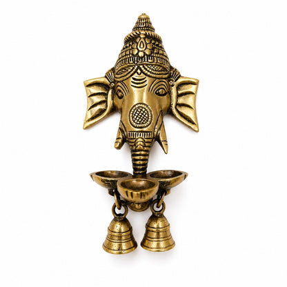 Brass Ganesha Wall Hanging Diya with Bells – Antique Finish Pure Brass Decorative Oil Lamp for Home & Temple