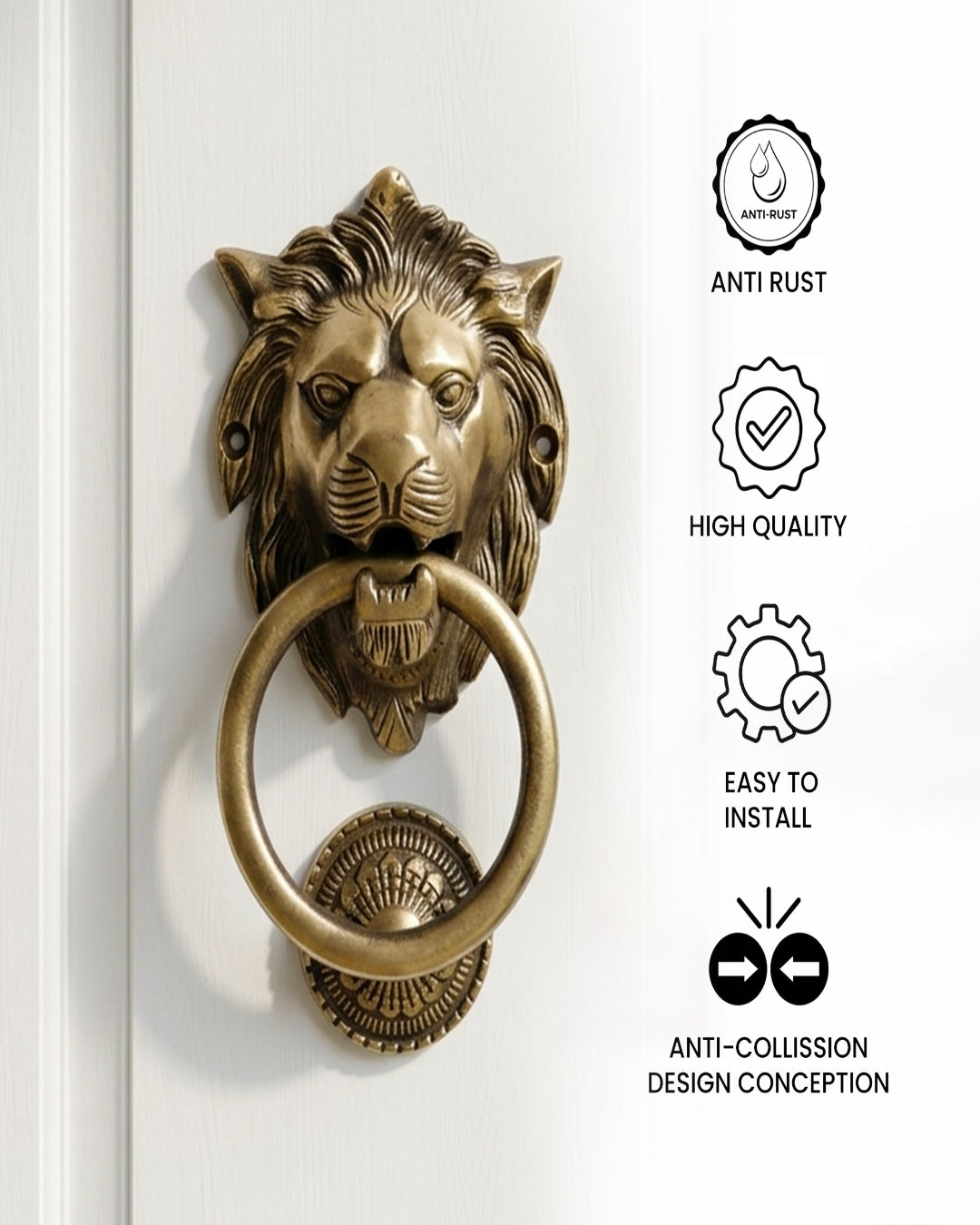 Bronze lion head door knocker on a white background with feature icons.