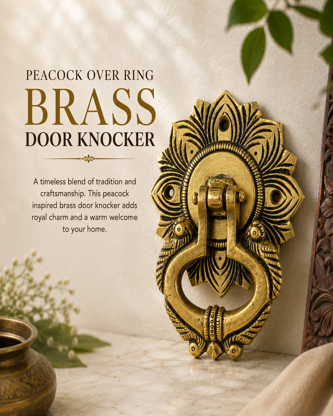An ornate brass peacock door knocker displayed on a marble surface against a textured beige wall, with decorative text on the left and soft floral props around it.