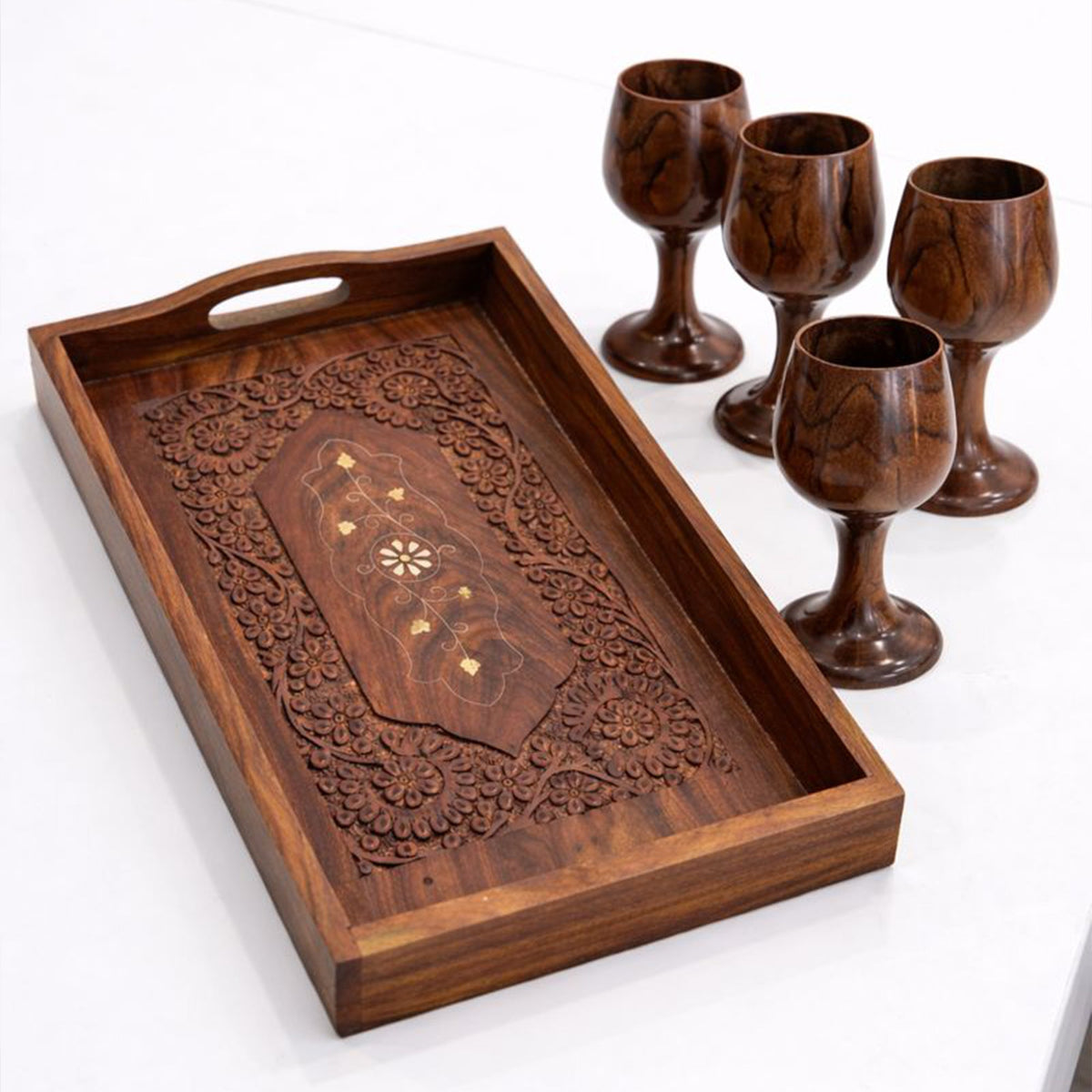 Wooden Serving Tray with 4 Matching Glass Set | The Indian Aura