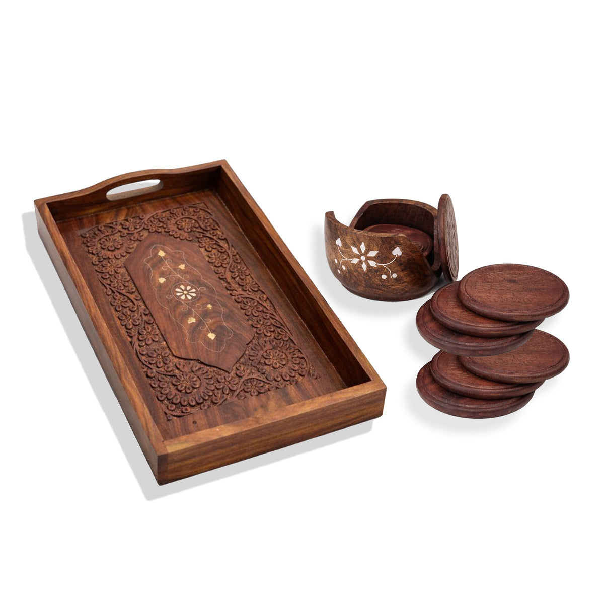 Rosewood Wooden Serving Tray with Matching Coaster (Set of 6) | The Indian Aura