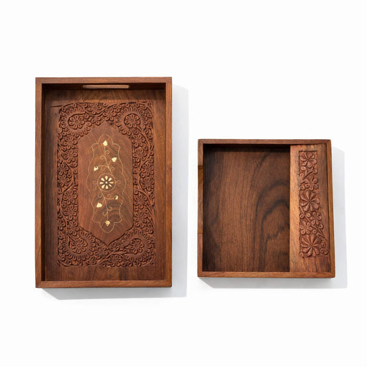 Rosewood Wooden Serving Tray with Matching Napkin Holder | The Indian Aura