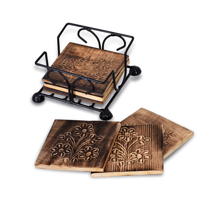 Floral Harmony Coaster Set (Wrought Iron Stand with Wooden Coasters)