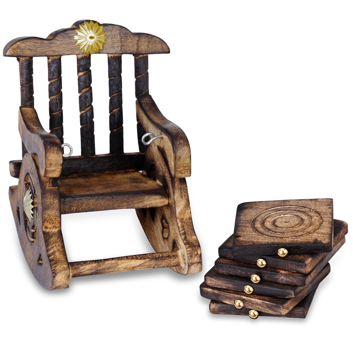 Indian Aura Wooden Antique Rocking Chair Coaster Set