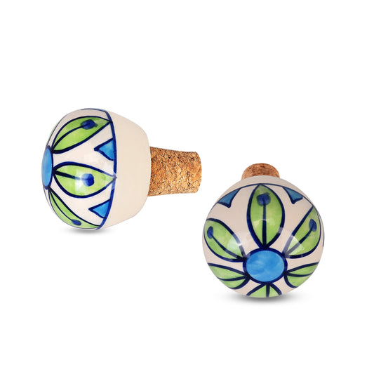 Floral Harmony Ceramic Wine Bottle Stopper - Green Leaves with Blue Center