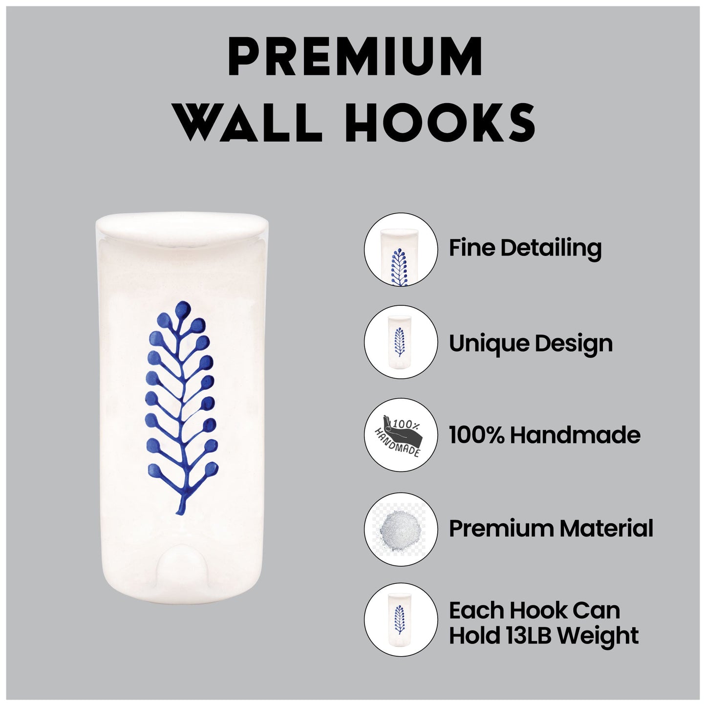 White Ceramic Blue Floral Handcrafted Adhesive Heavy Duty Hook