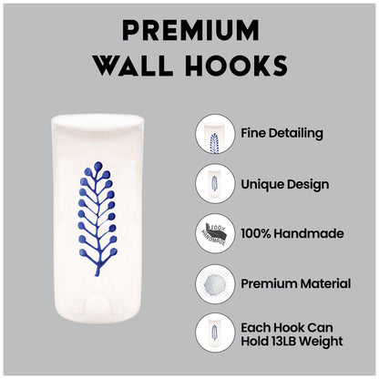 White Ceramic Blue Floral Handcrafted Adhesive Heavy Duty Hook